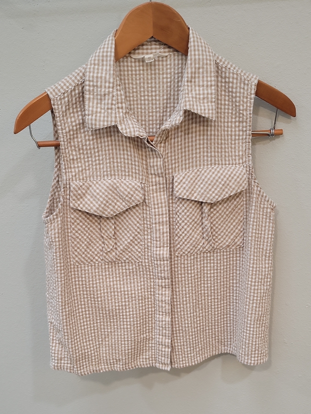 Sim And Sam Sleeveless Beige Gingham Button-Down Shirt